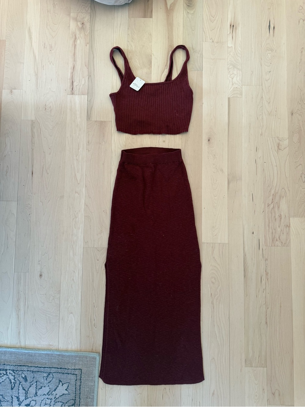 Free People Burgundy Ribbed Maxi Set